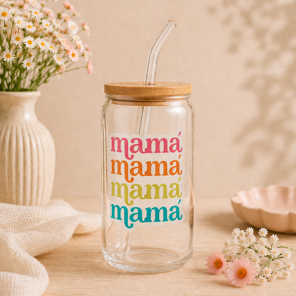 Vaso de vidrio con tapa de bambú