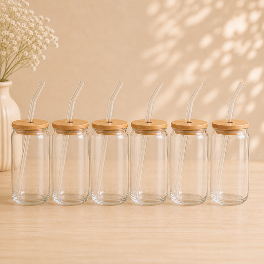 6 Vasos de vidrio con tapa de bambú